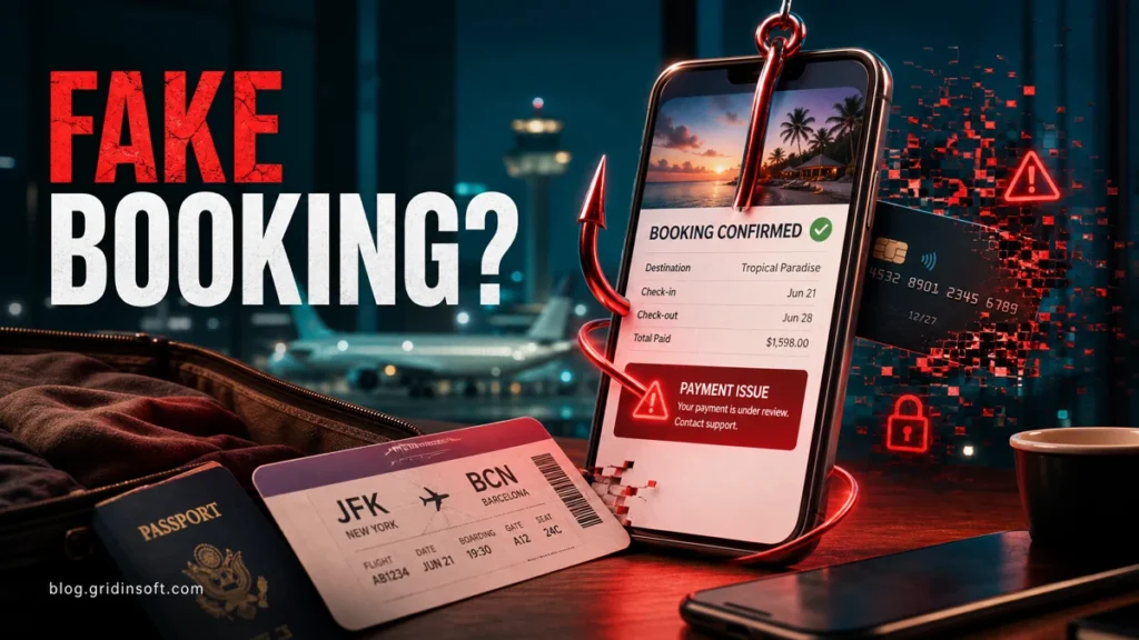 Fake booking vacation scam warning on a smartphone with travel documents and a phishing hook.