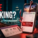 Fake booking vacation scam warning on a smartphone with travel documents and a phishing hook.