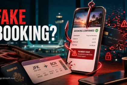 Fake booking vacation scam warning on a smartphone with travel documents and a phishing hook.