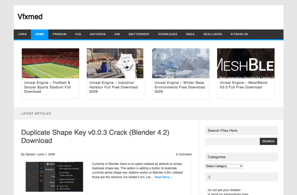 VFXmed Virus Warning 3 VFXmed homepage showing cracked 3D and VFX software download listings.