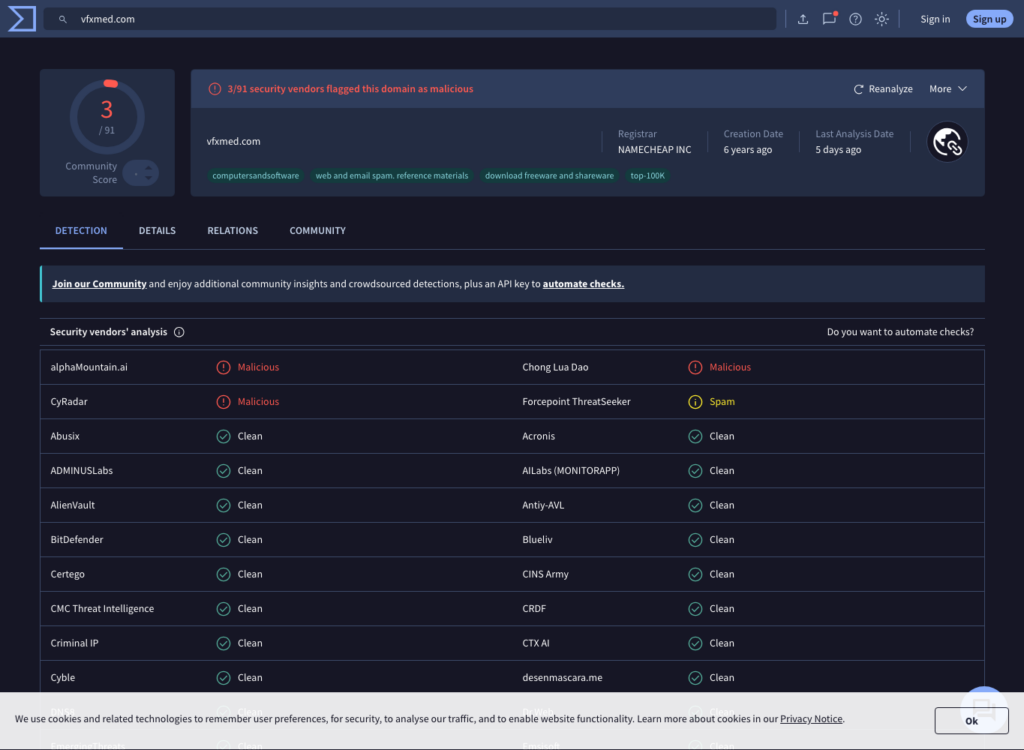 VFXmed Virus Warning 4 VirusTotal domain detection page showing security vendors flagging vfxmed.com.