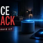 Voice assistant hijack concept showing a smart speaker, phone, and connected door lock.
