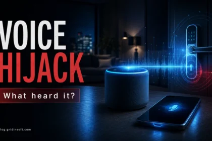Voice assistant hijack concept showing a smart speaker, phone, and connected door lock.