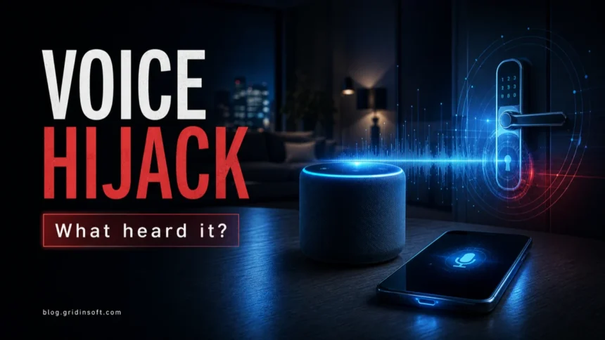Are Voice Assistants Dangerous? Privacy and Security Risks in 2026 1 Voice assistant hijack concept showing a smart speaker, phone, and connected door lock.