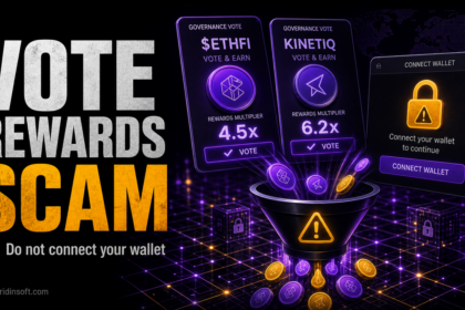 Fake crypto vote rewards wallet drainer scam illustration.