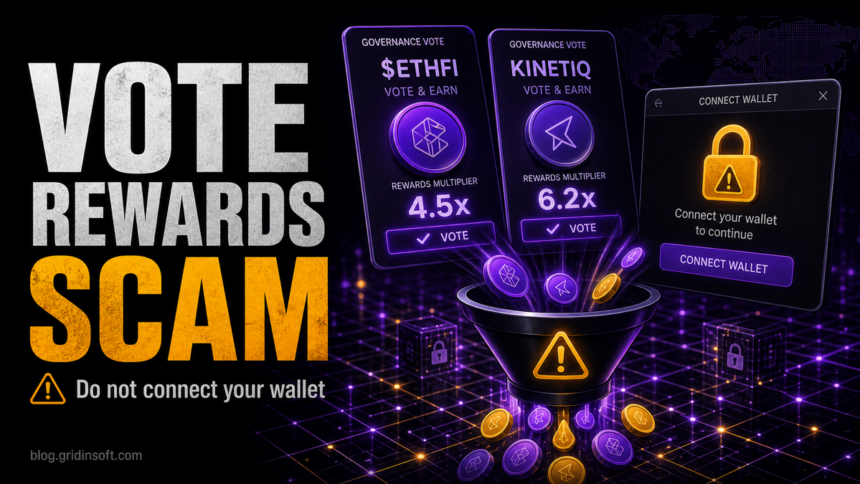 Fake crypto vote rewards wallet drainer scam illustration.