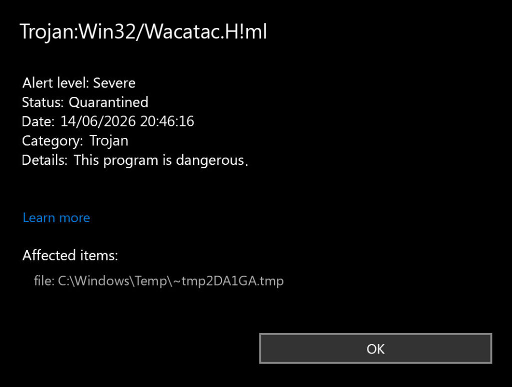Microsoft Defender alert for Trojan:Win32/Wacatac.H!ml showing the threat quarantined.
