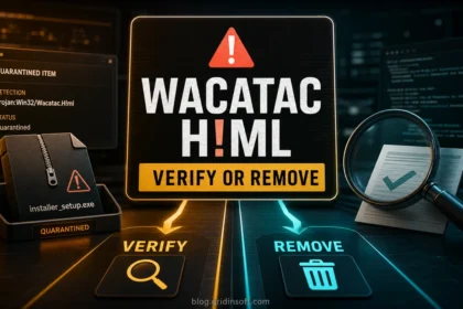 Wacatac.H!ml alert poster with verify or remove paths for a quarantined file.