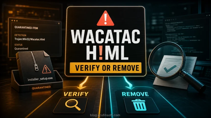 Wacatac.H!ml alert poster with verify or remove paths for a quarantined file.