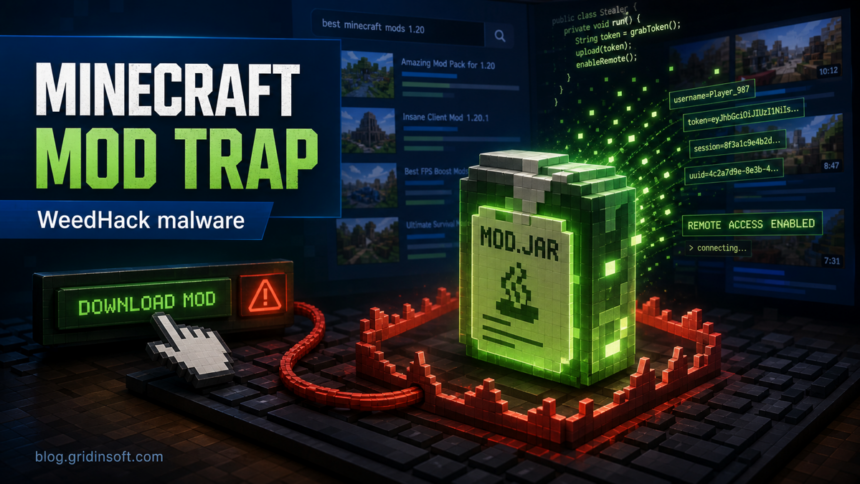 Editorial image showing a malicious Minecraft mod JAR trap for WeedHack malware.