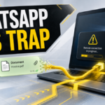 WhatsApp VBS attachment leading to a remote-access warning on a Windows laptop.