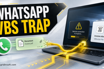 WhatsApp VBS attachment leading to a remote-access warning on a Windows laptop.