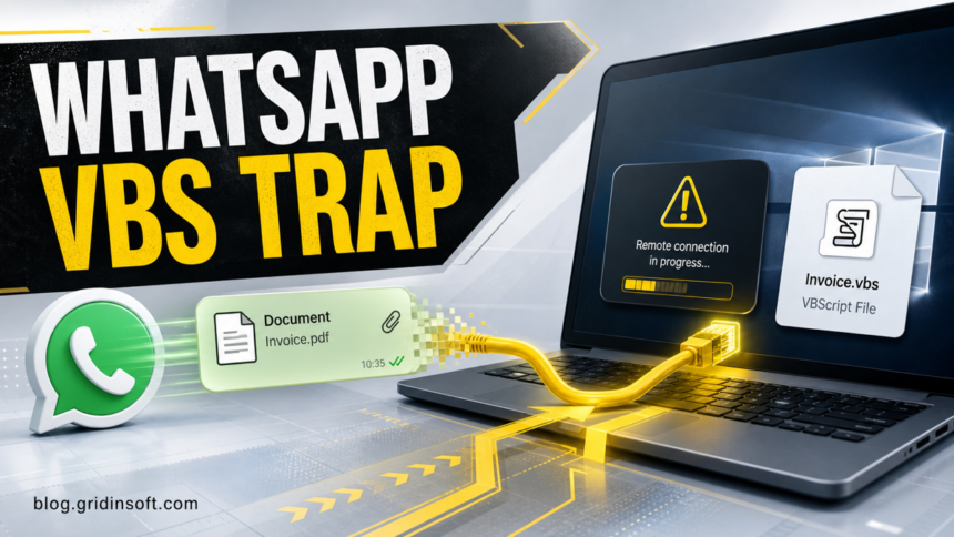 WhatsApp VBS attachment leading to a remote-access warning on a Windows laptop.