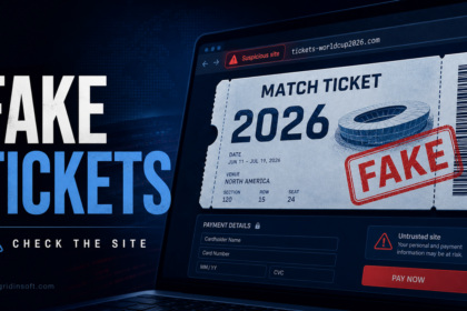 Fake World Cup 2026 ticket website warning poster.