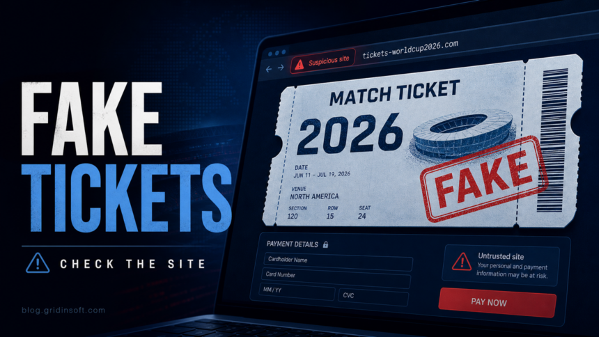 Fake World Cup 2026 ticket website warning poster.