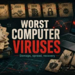 Worst computer viruses in history shown as a malware archive timeline with infected files and recovery risk.