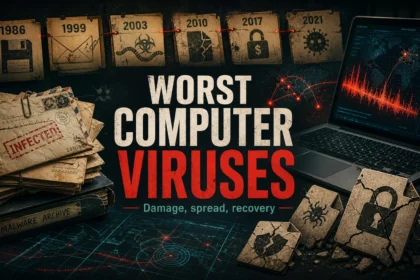 Worst computer viruses in history shown as a malware archive timeline with infected files and recovery risk.