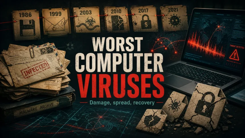 Worst computer viruses in history shown as a malware archive timeline with infected files and recovery risk.