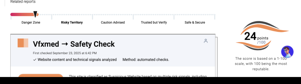 VFXmed Virus Warning 2 Website Reputation Checker card showing VFXmed safety check and low trust score.