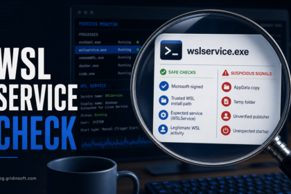 Editorial poster showing wslservice.exe process checks and suspicious path signals.