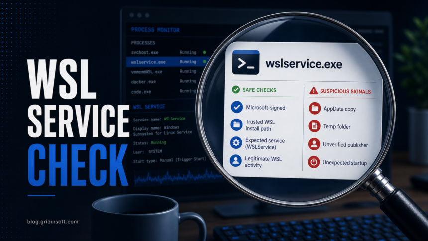 wslservice.exe: Safe or Malware? 1 Editorial poster showing wslservice.exe process checks and suspicious path signals.