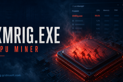 XMRig.exe CPU miner shown overheating a processor in Task Manager.