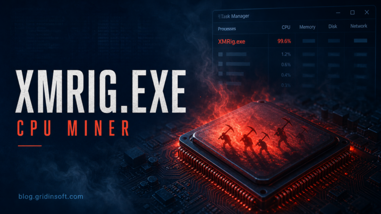 XMRig.exe CPU miner shown overheating a processor in Task Manager.