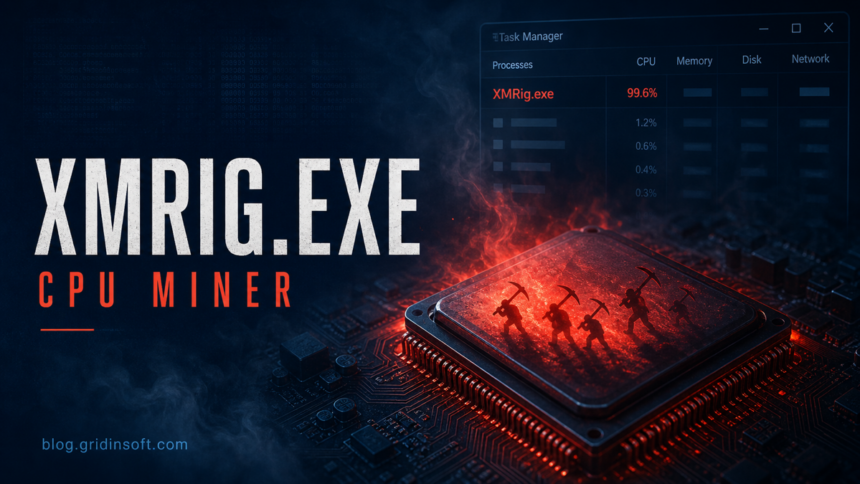 XMRig.exe CPU miner shown overheating a processor in Task Manager.
