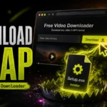Download Trap poster showing a fake video downloader page leading to Setup.exe and browser notification prompts