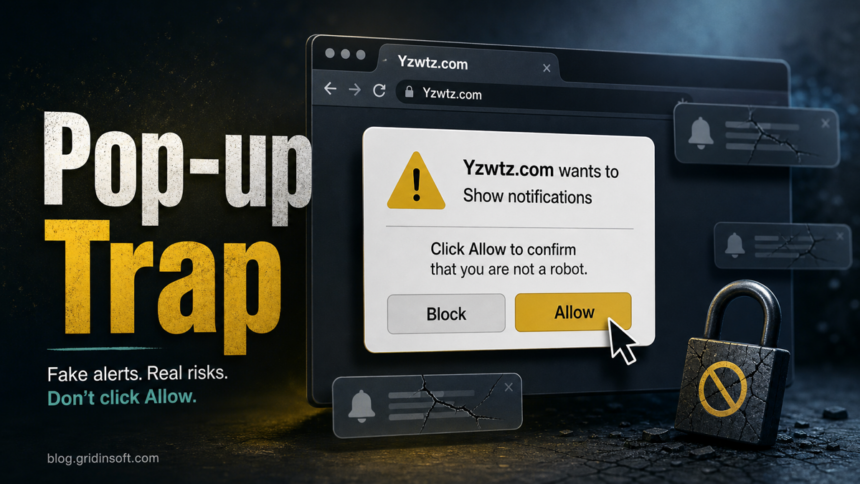 Yzwtz.com pop-up trap showing a fake notification prompt.