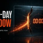 Zero-day window poster showing a cracked software window, 00:00 clock, and patch door closing.