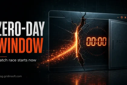 Zero-day window poster showing a cracked software window, 00:00 clock, and patch door closing.