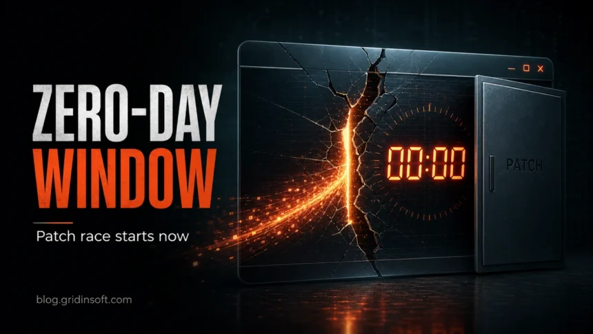 Zero-day window poster showing a cracked software window, 00:00 clock, and patch door closing.
