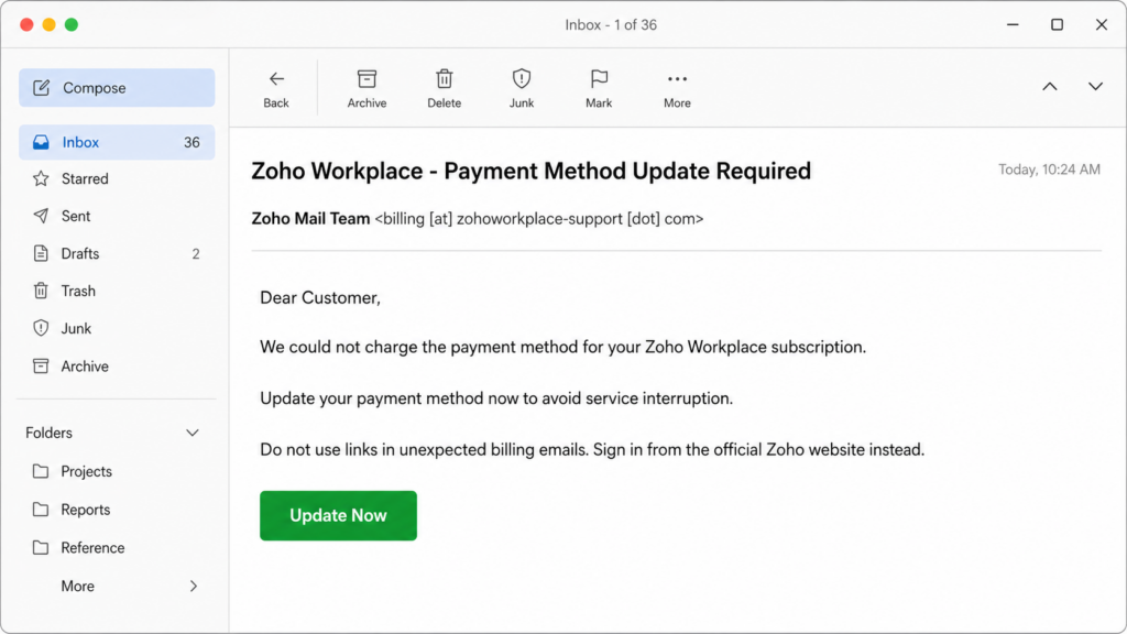Illustrative Zoho Workplace payment update phishing email opened in a generic mail client.