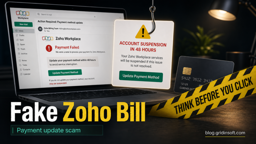 Fake Zoho billing notice pressuring a user to update payment details.