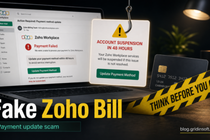 Fake Zoho billing notice pressuring a user to update payment details.