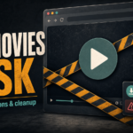 123Movies clone risk poster showing fake play buttons, redirects, notification prompts, and download cleanup.