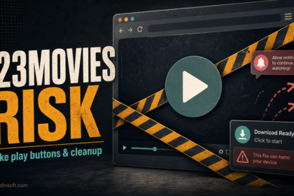123Movies clone risk poster showing fake play buttons, redirects, notification prompts, and download cleanup.