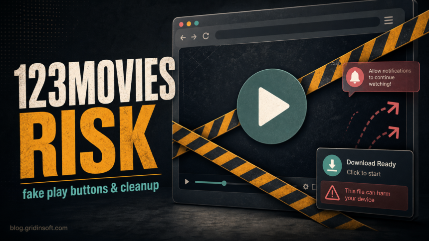 Is 123Movies Safe? Clone Sites, Redirects, and Cleanup 1 123Movies clone risk poster showing fake play buttons, redirects, notification prompts, and download cleanup.