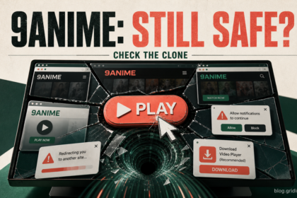 Current 9Anime clone safety check with fake play, redirect, notification, and download warnings.