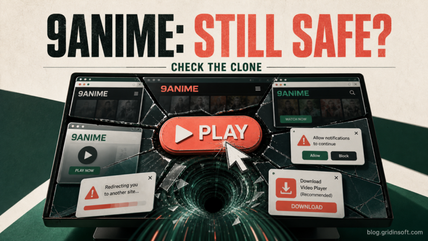 Current 9Anime clone safety check with fake play, redirect, notification, and download warnings.