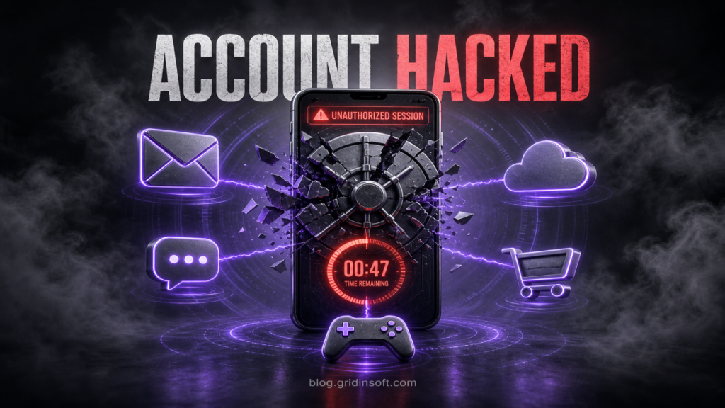 Account Hacked poster with a broken account vault and urgent session timer.