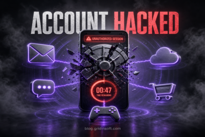 Account Hacked poster with a broken account vault and urgent session timer.