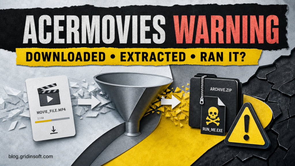 A movie download turning into a suspicious archive and executable warning.