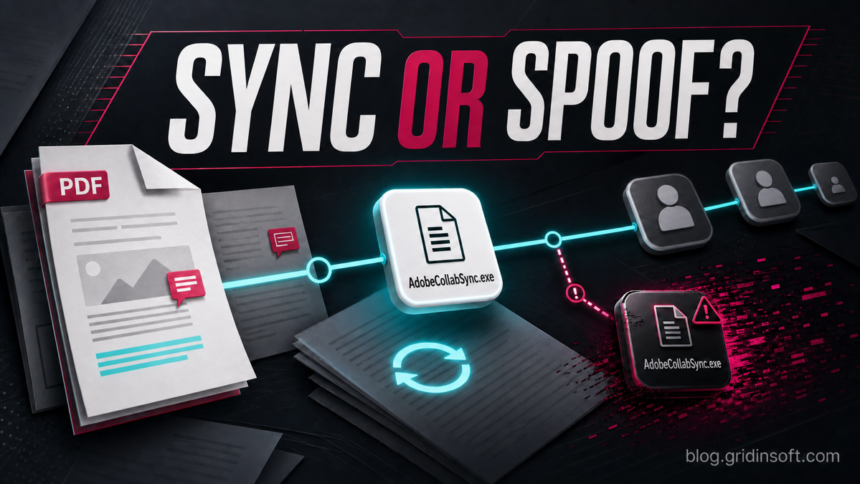 AdobeCollabSync.exe: Safe Adobe Process or Malware Copy? 1 AdobeCollabSync.exe sync flow splitting into legitimate and suspicious copies.