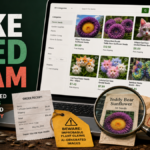 Investigation graphic showing fake AI flower seed listings on a marketplace screen