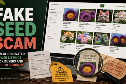 Investigation graphic showing fake AI flower seed listings on a marketplace screen