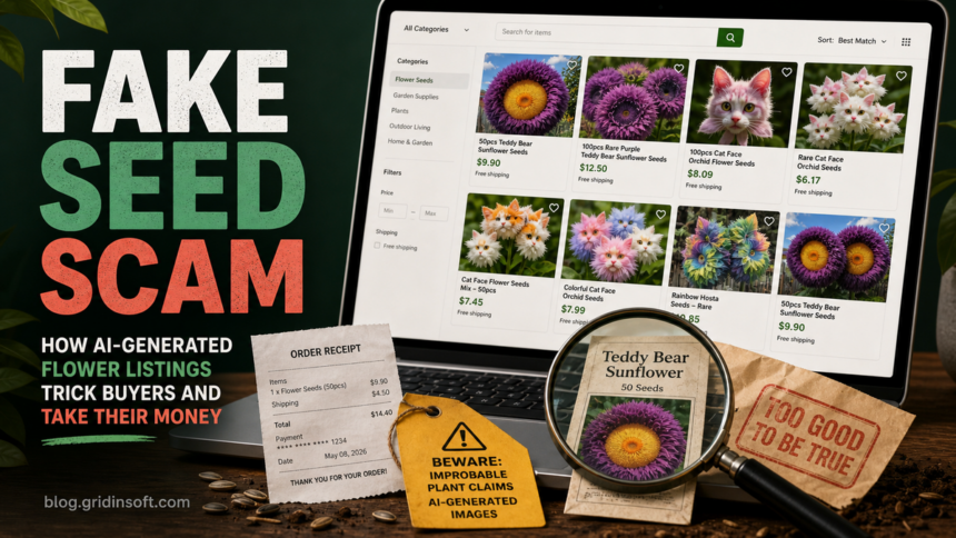 AI Flower Seed Scams: Fake Plants, Real Payments, and Marketplace Red Flags 1 Investigation graphic showing fake AI flower seed listings on a marketplace screen