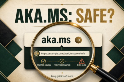 Magnifying glass revealing the destination behind an aka.ms Microsoft short link.