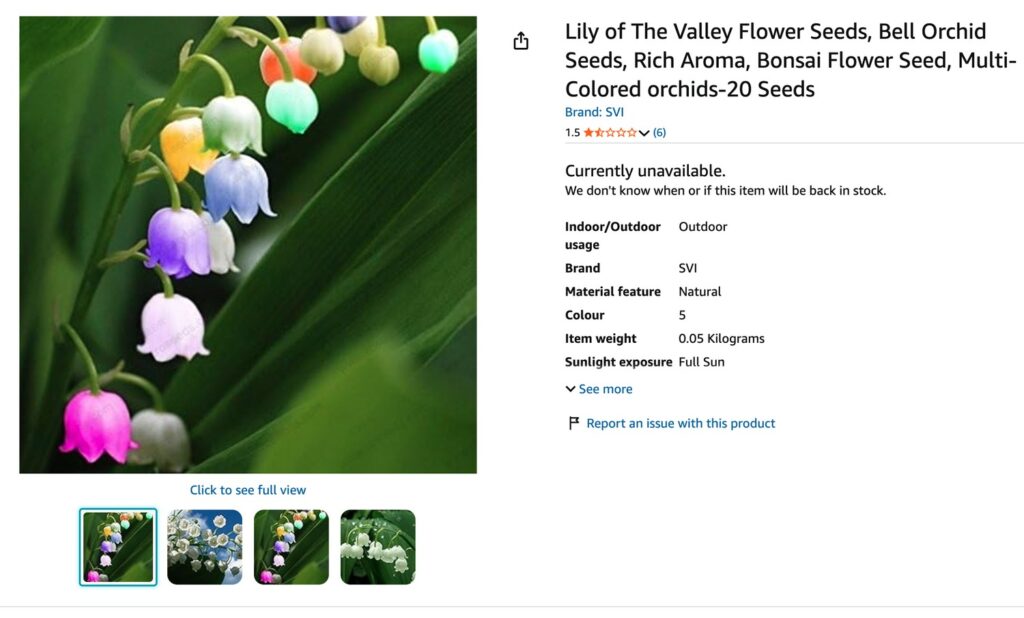 AI Flower Seed Scams: Fake Plants, Real Payments, and Marketplace Red Flags 4 Marketplace product page for multi-colored lily of the valley seeds marked currently unavailable